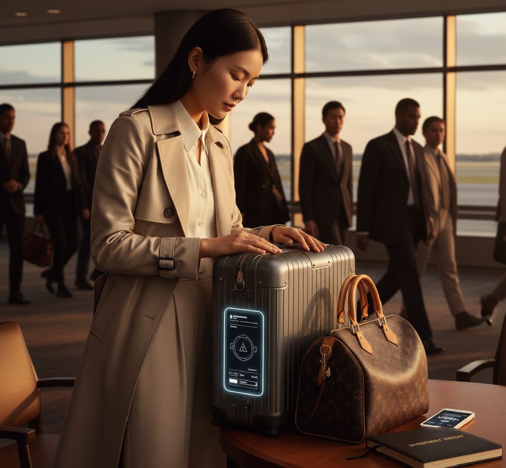Classic Louis Vuitton monogram travel luggage and Speedy bag on a marble table with a Parisian background.