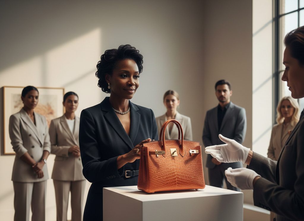 Iconic white Hermès Birkin bag with luxury silk scarf and gold hardware in an elegant European setting.