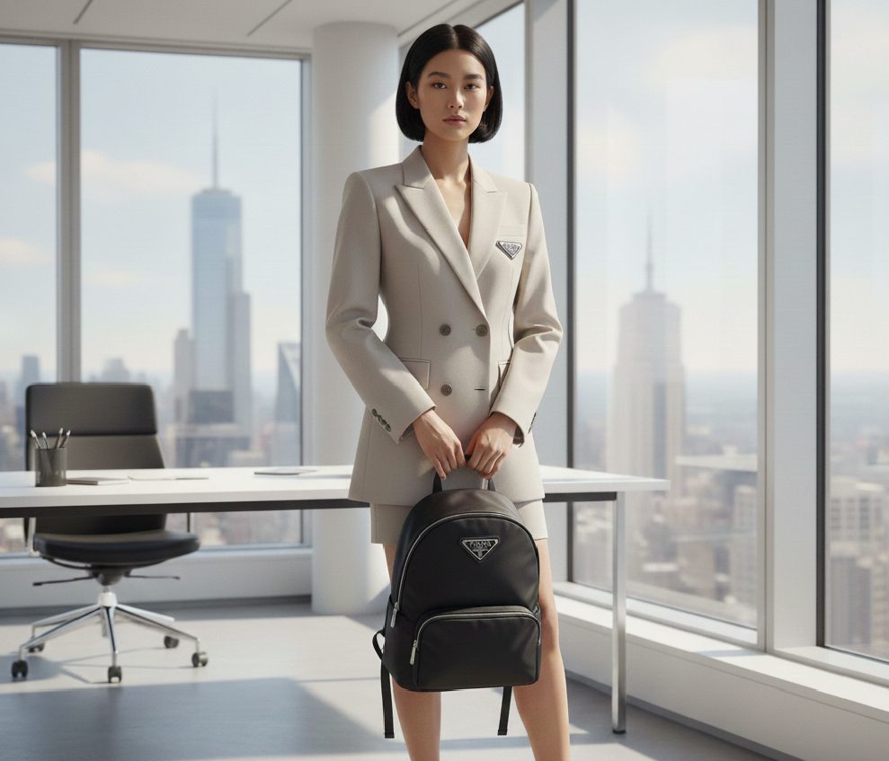 Minimalist Prada green quilted leather handbag and black designer loafers representing Italian luxury fashion.
