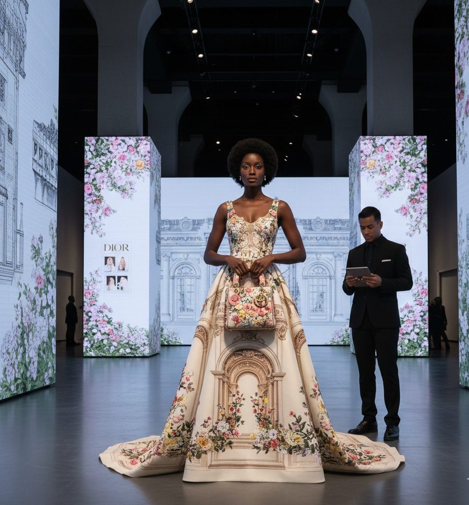 Artistic Lady Dior handbag with intricate embroidery and a Dior branded sketchbook on a high-end fashion flat-lay.
