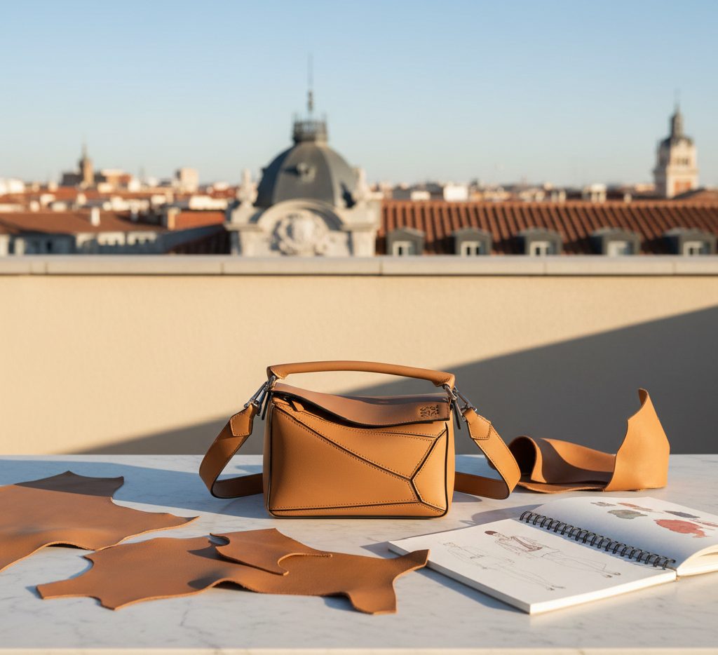 Artistic Loewe Puzzle bag in a modern Spanish setting highlighting unique geometric craftsmanship.