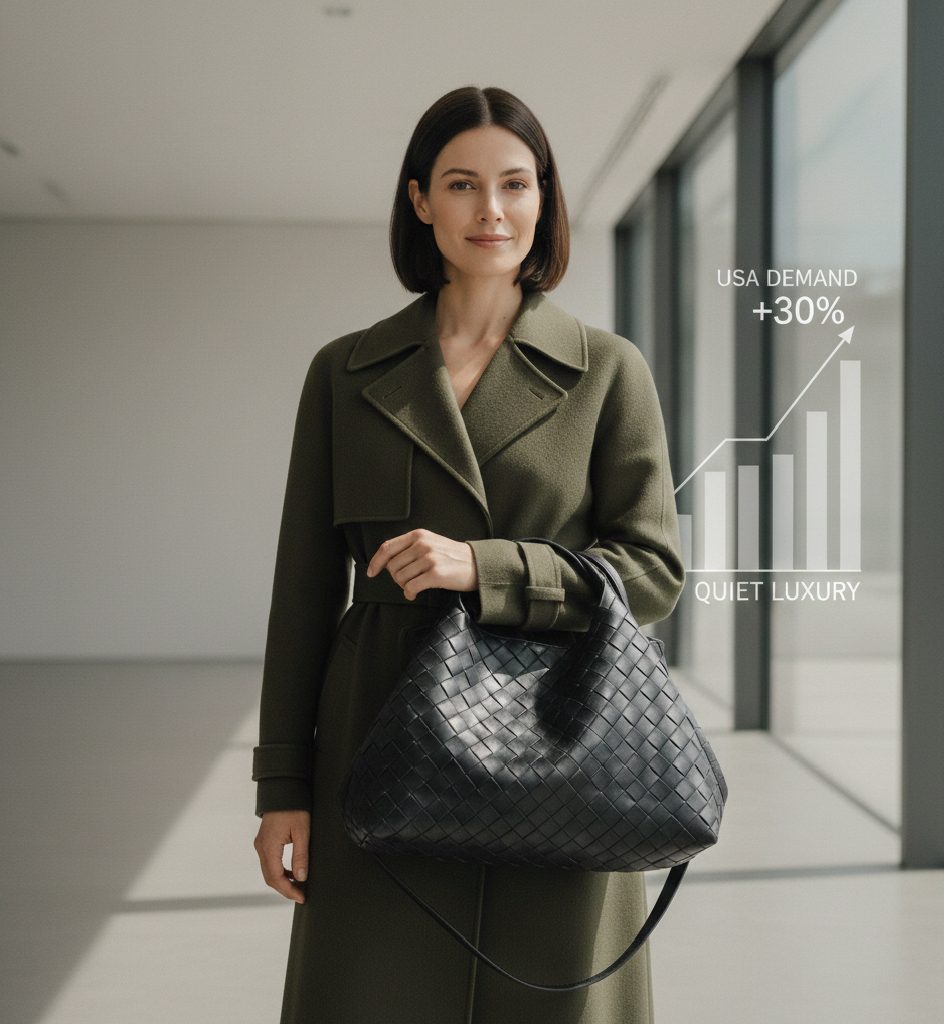 Bottega Veneta signature Intrecciato woven leather bag in a minimalist setting for the quiet luxury aesthetic.