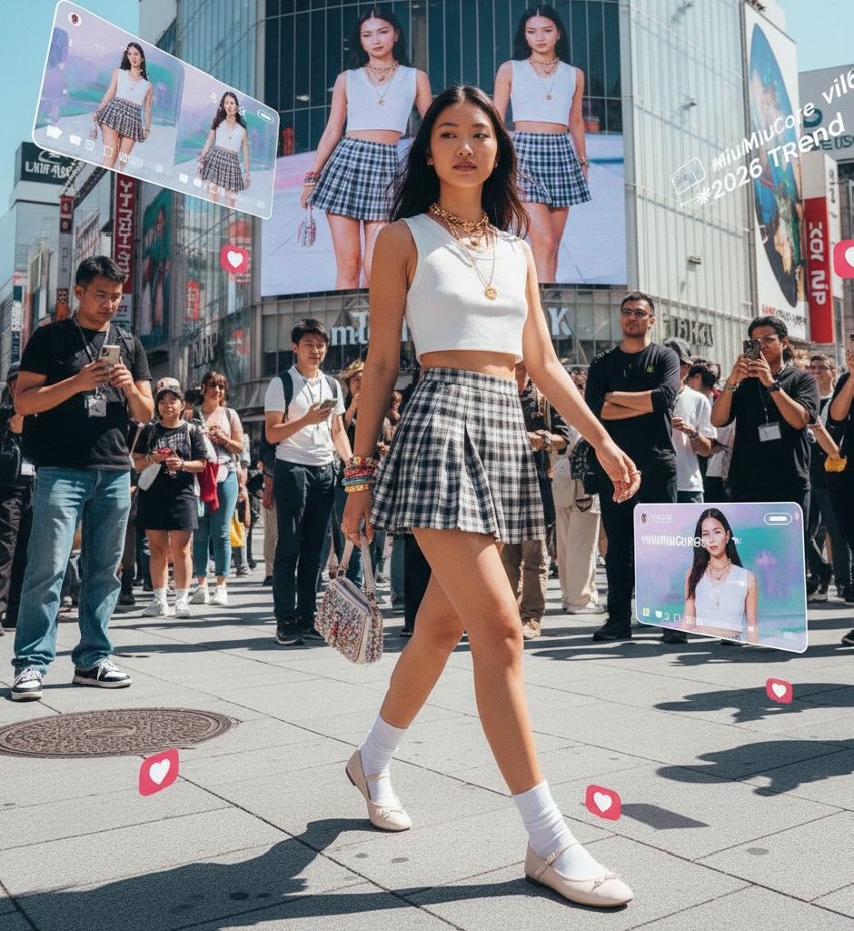 Trendy Miu Miu ballet flats and pleated skirt accessories capturing the youthful 2026 viral fashion energy.