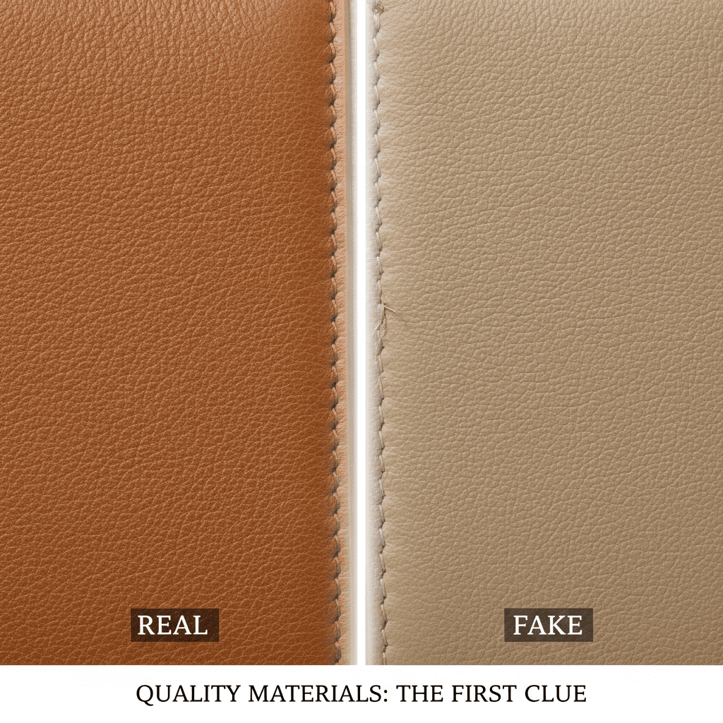 Comparison of real vs fake designer bag leather textures to identify authentic material quality.
