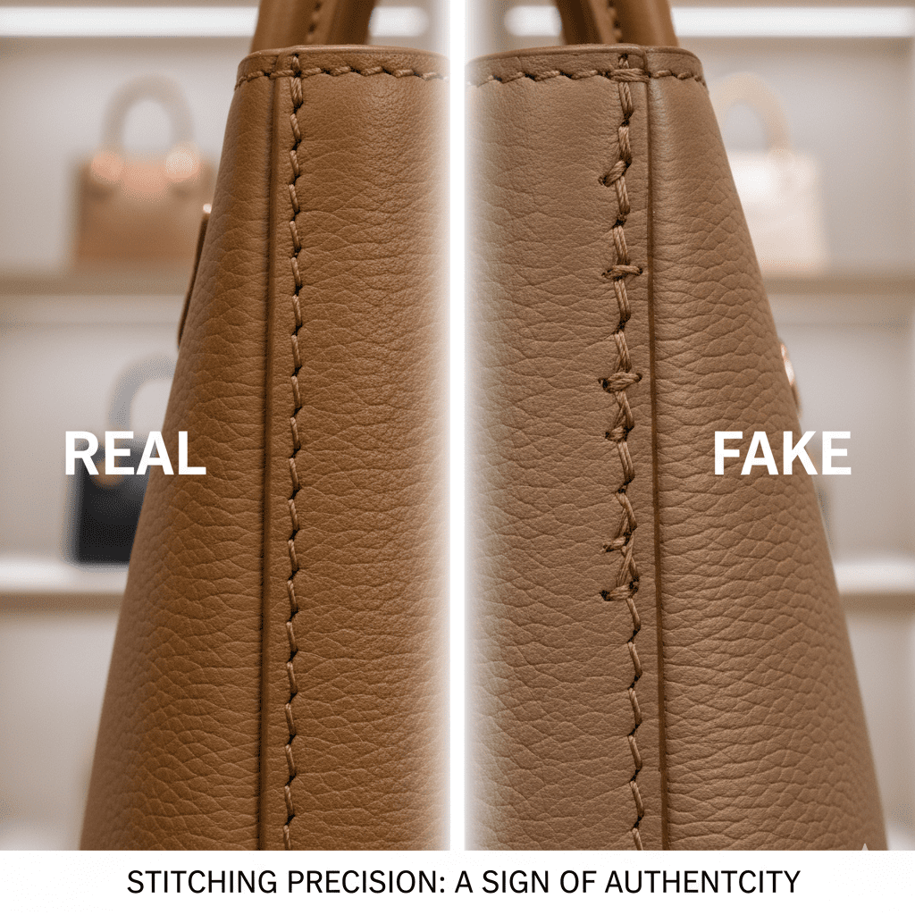 Comparison of real vs fake designer bag stitching showing uniform straight stitches versus uneven mass-produced threads.