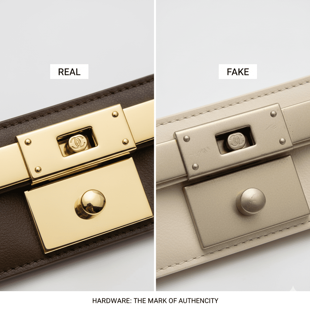 Comparison of real vs fake designer bag hardware showing heavy polished gold metal versus lightweight dull-colored counterfeit buckles.