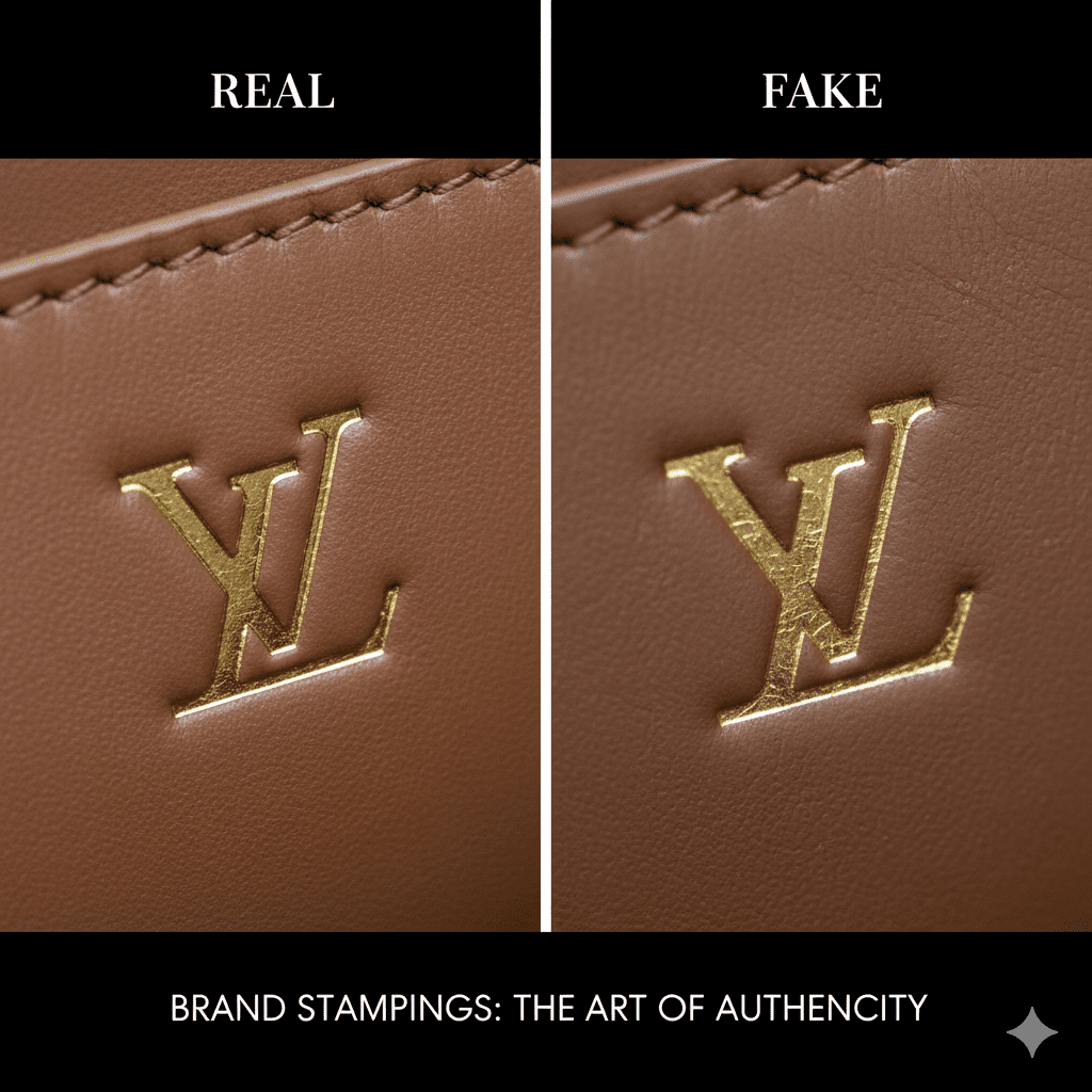 Comparison of real vs fake designer bag logos showing crisp gold stamping and correct font spacing versus blurry and misaligned brand marks.