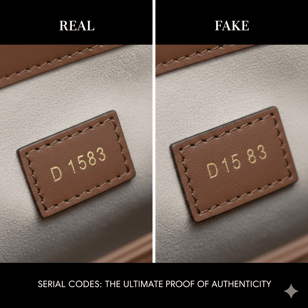 Comparison of real vs fake designer bag serial codes showing precise stamping versus poorly spaced and uneven numbers.