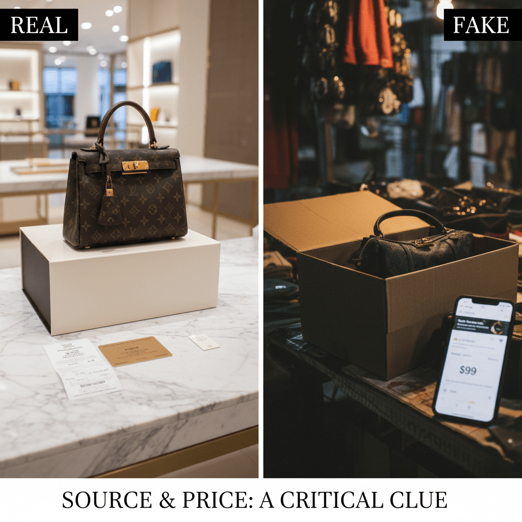 Comparison of a luxury boutique store with an authentic bag versus a low-priced fake bag in a messy market setting.