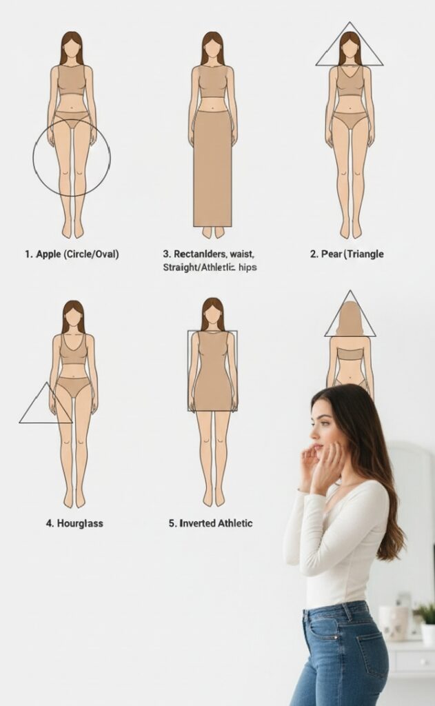 An informative guide image showing five different female body types—Apple, Pear, Rectangle, Hourglass, and Inverted Triangle—with fashion tips for each shape.