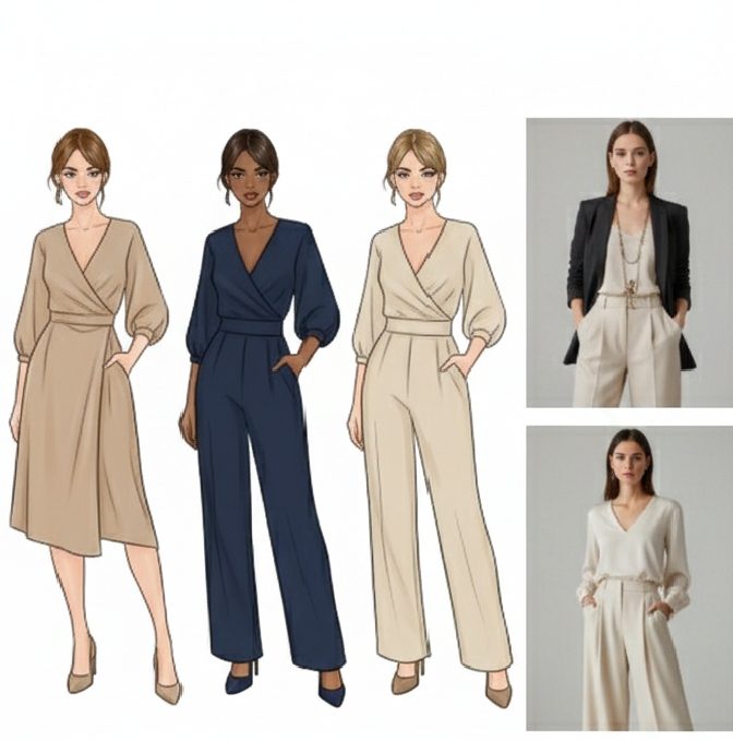 A woman with an apple body shape wearing a flowy A-line dress with a V-neckline to create a balanced and elongated silhouette.