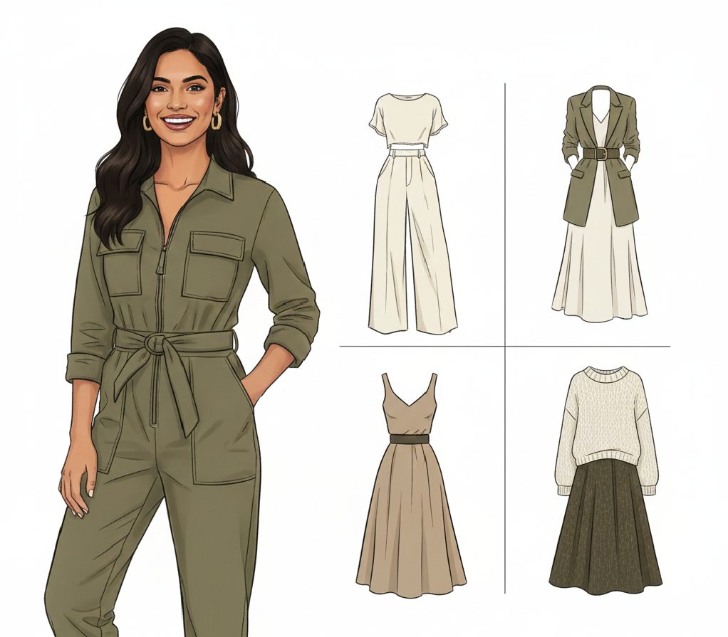 A woman with a rectangle body shape wearing a belted waist dress and peplum top to create the illusion of curves and a defined waistline.