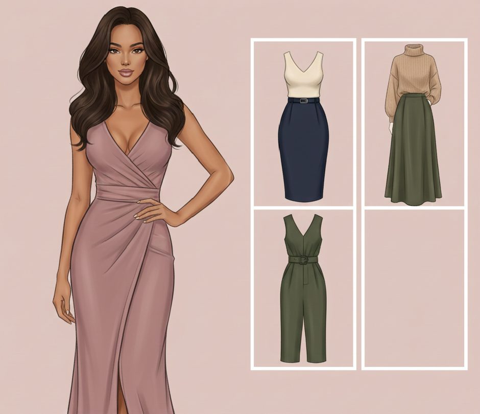 A woman with an hourglass figure wearing a form-fitting wrap dress that accentuates her naturally balanced proportions and narrow waist.