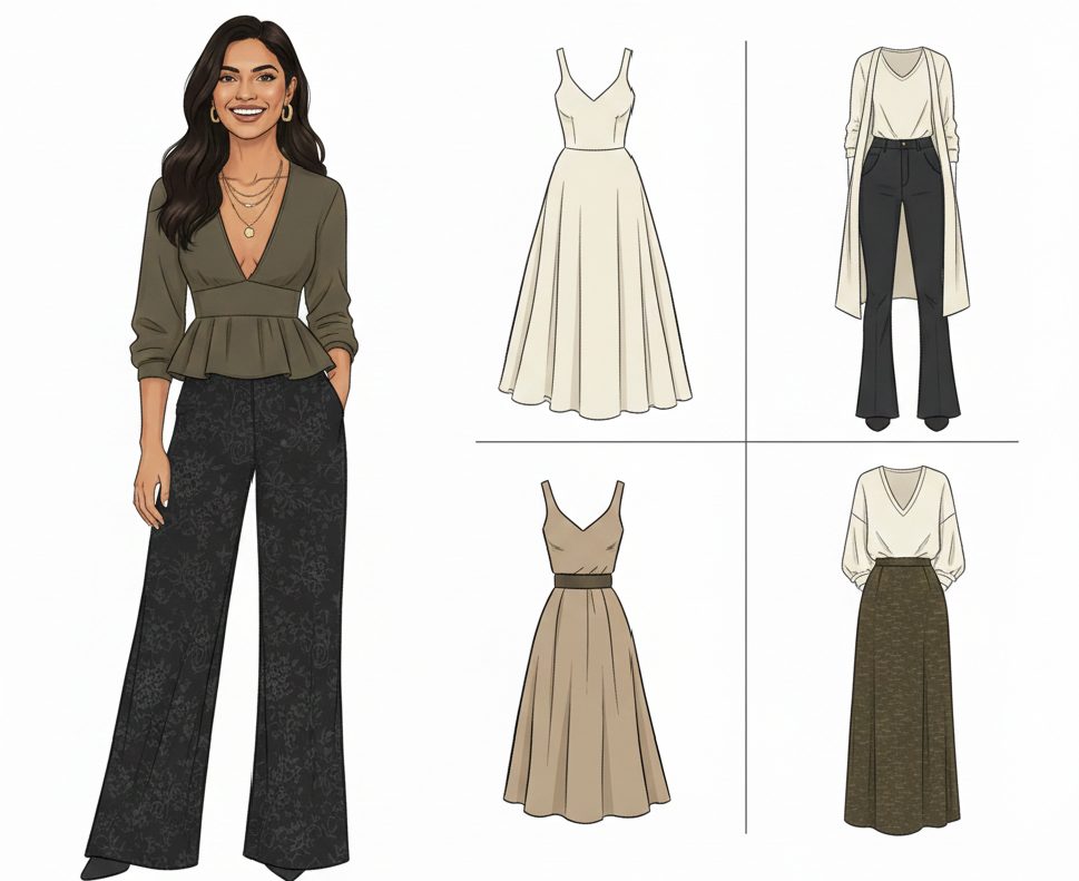 A woman with an inverted triangle body shape wearing wide-leg trousers and a simple V-neck top to add volume to the lower body and balance broad shoulders.