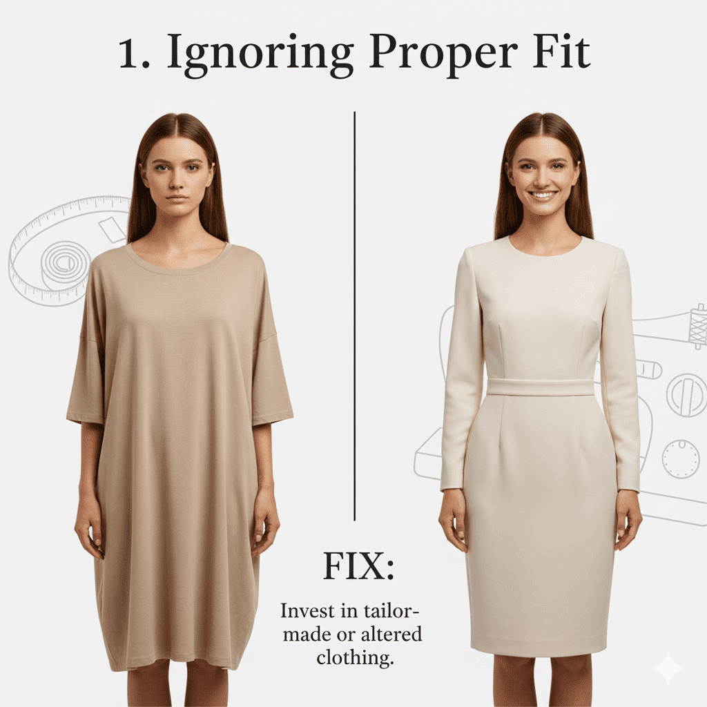 Woman wearing an oversized loose beige dress showing improper fit