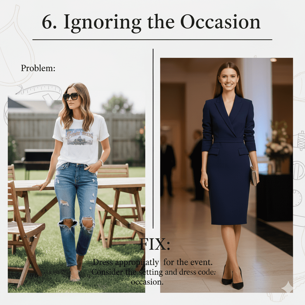 Woman in casual jeans and t-shirt sitting outdoors in a setting that might require formal wear