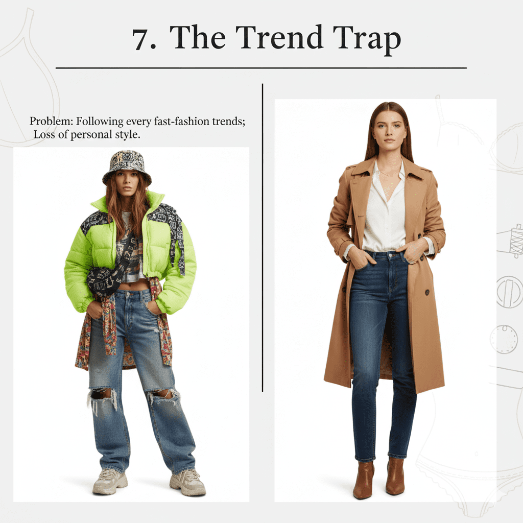 Minimalist text 'The Trend Trap' referring to fashion mistakes