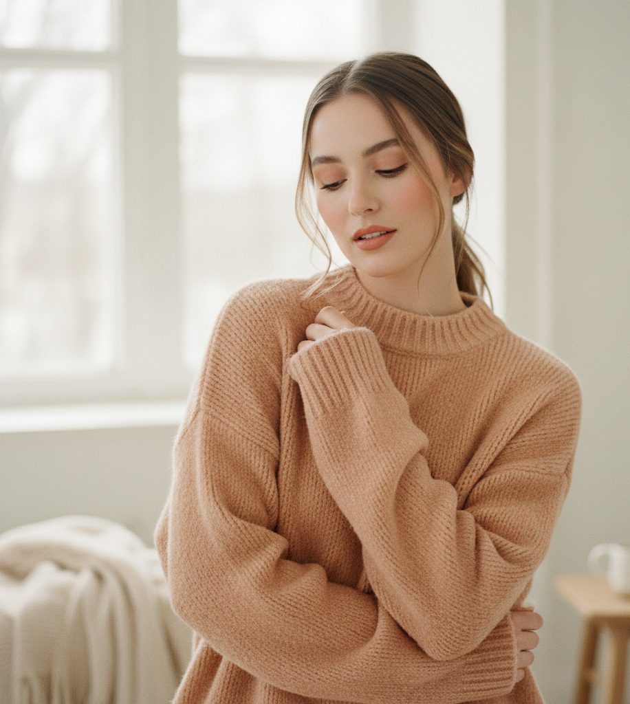 A cozy fashion aesthetic featuring soft Peach Fuzz knitwear and silk textures for 2026 color trends.