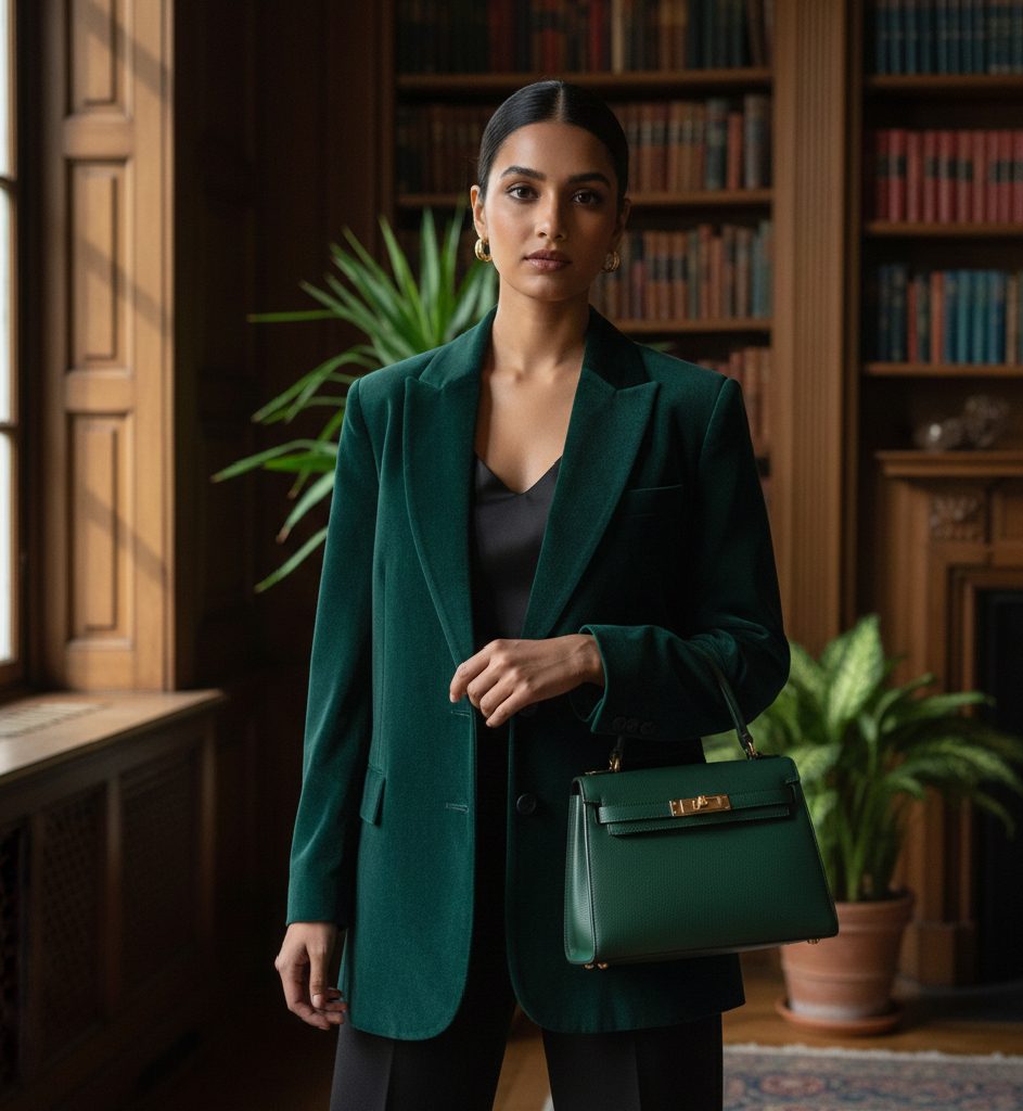 Luxurious Deep Emerald green velvet dress and high-end accessories