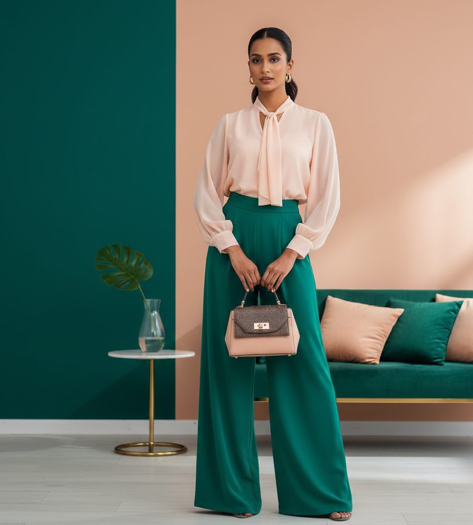 A modern outfit combination of an Emerald green trouser and a Peach chiffon blouse for a sophisticated 2026 style.