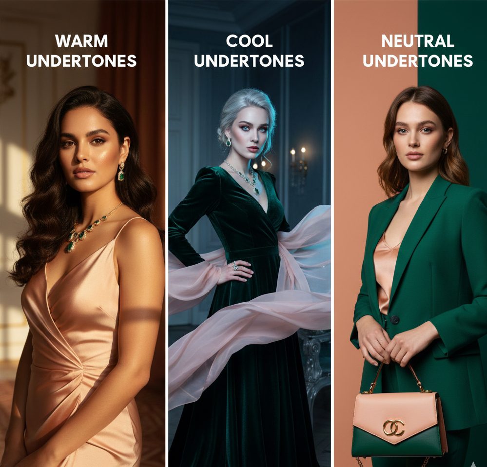 A visual guide showing Peach Fuzz and Deep Emerald colors against different skin undertones for personalized styling.