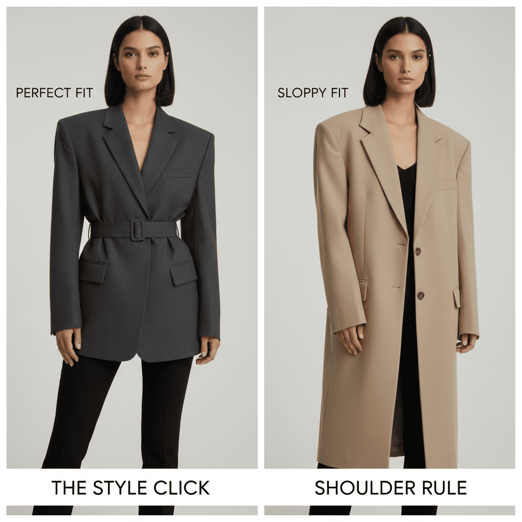 Close up of padded shoulders and below-the-hip length on a tailored oversized blazer.