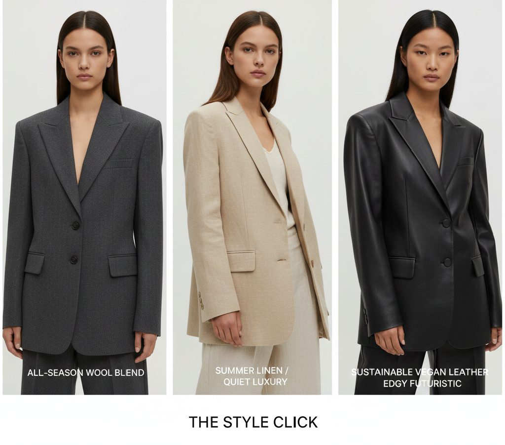 Comparison of wool blend, summer linen, and sustainable vegan leather fabrics for blazers.