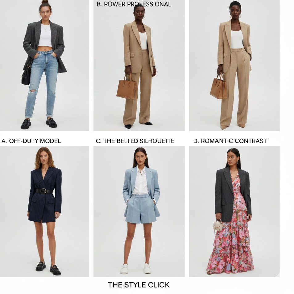Lookbook of 5 ways to style oversized blazers: Off-duty model, Power professional, Belted, Romantic, and Shorts combo.