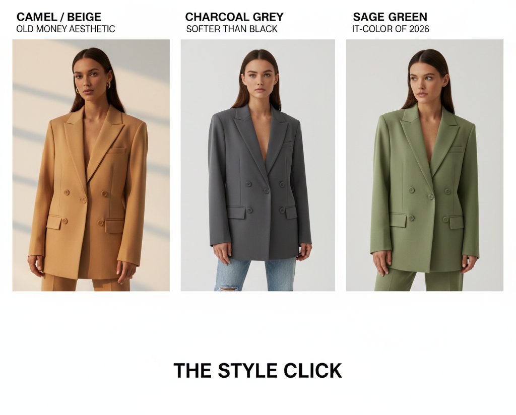 Aesthetic moodboard of Camel Beige, Charcoal Grey, and Sage Green oversized blazers for 2026.