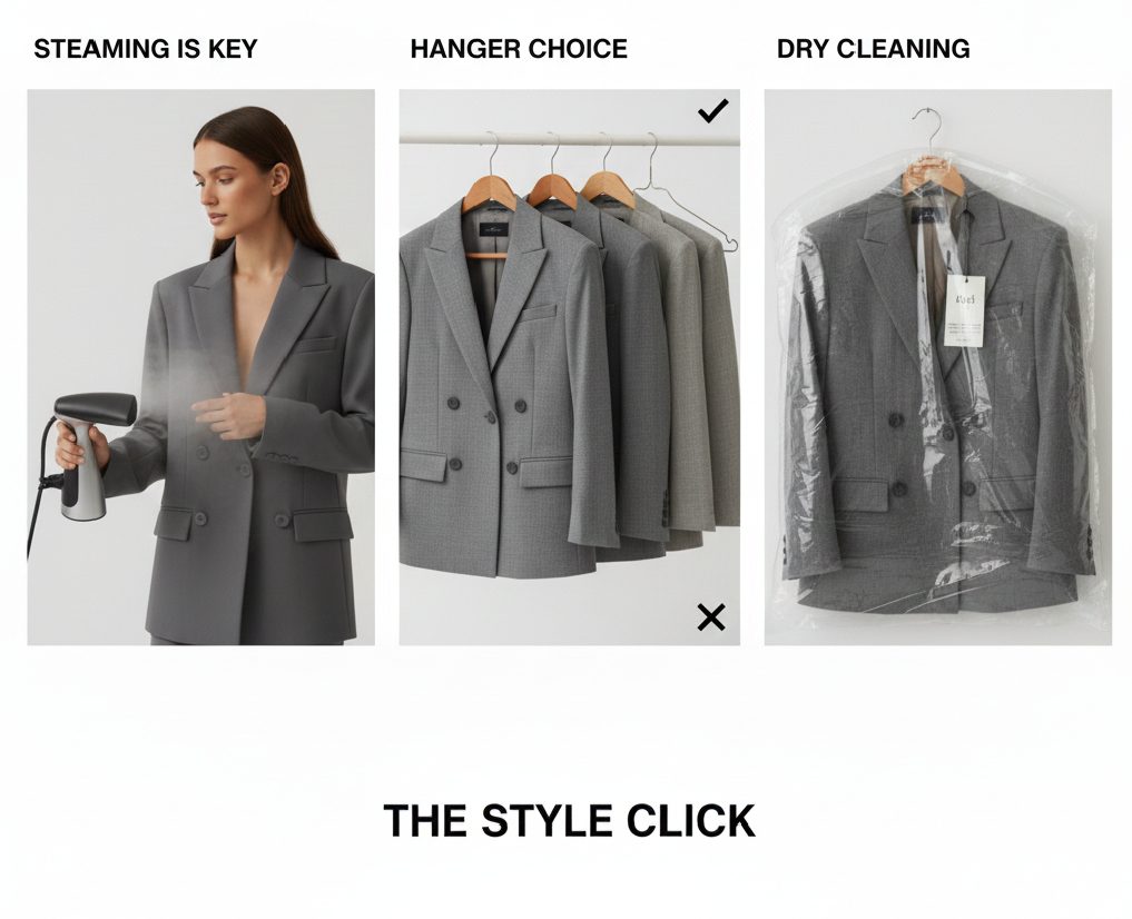 Handheld steamer and wooden hanger being used for blazer maintenance and care.