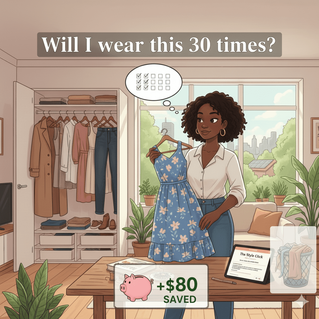 An illustration of a woman in a walk-in closet holding a dress, thinking "Will I wear this 30 times?" with a piggy bank icon showing money saved.