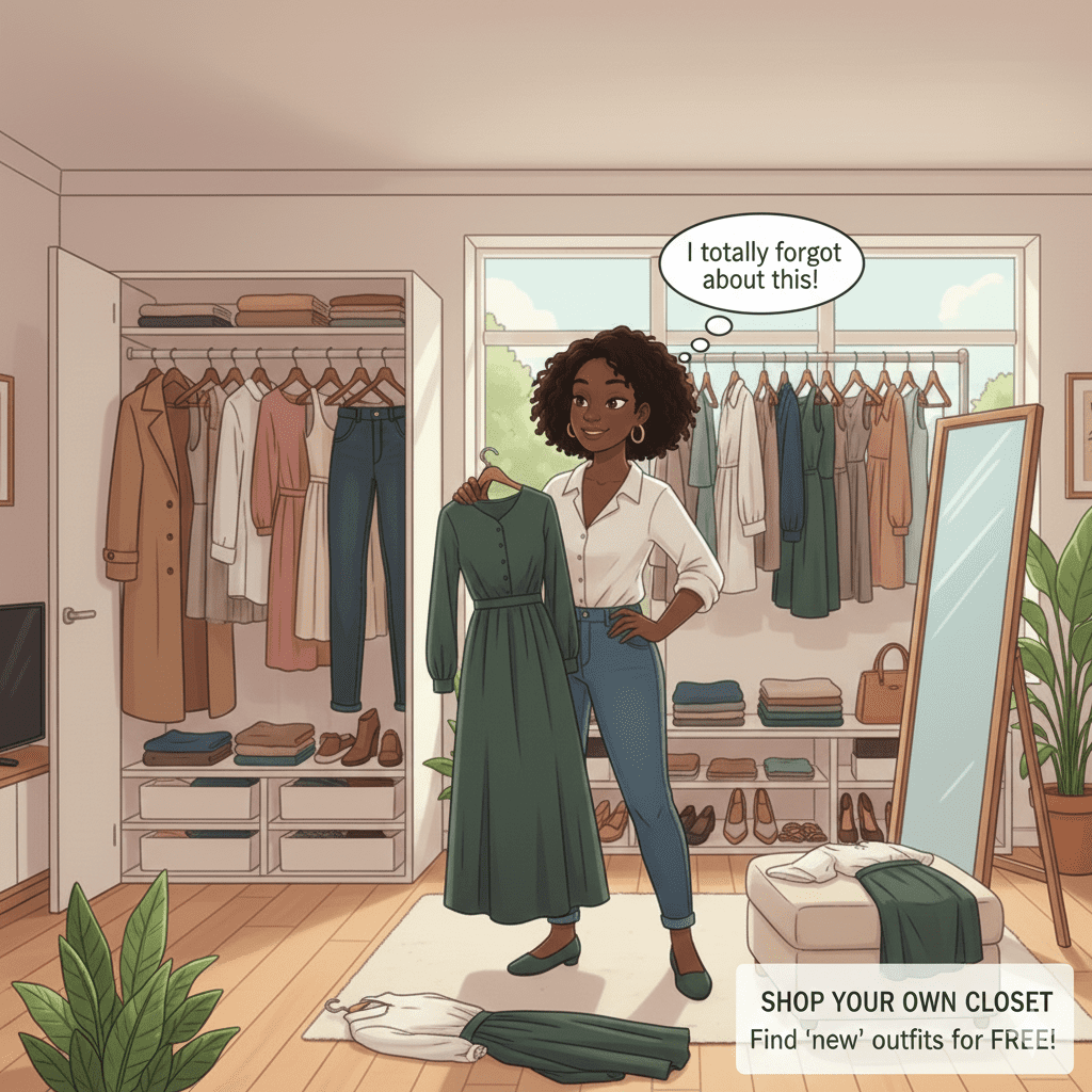 An illustration of a woman looking at her organized wardrobe and finding a forgotten dress, with a thought bubble saying "I totally forgot about this!"