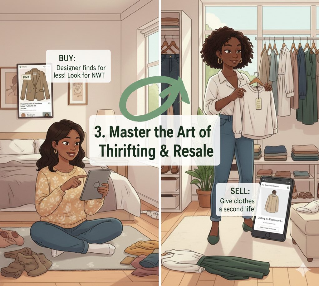 An illustration showing a woman buying high-quality second-hand clothes on a tablet and selling her own clothes online to promote circular fashion.