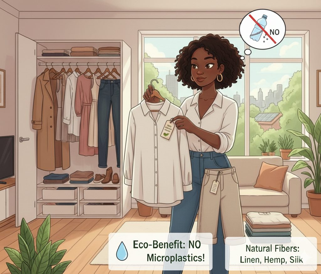 A close-up illustration of clothing labels showing organic cotton and linen with a small green leaf icon to represent eco-friendly materials.