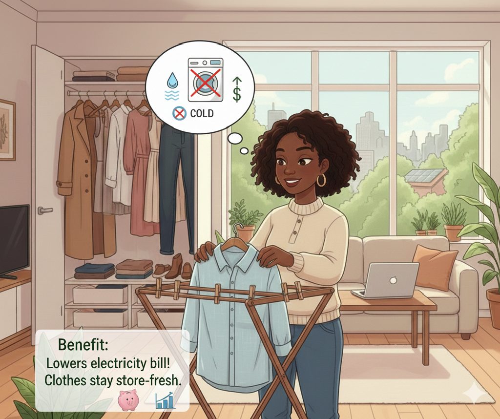 An illustration showing clothes hanging on an air-dry rack with a cold water washing machine setting visible.