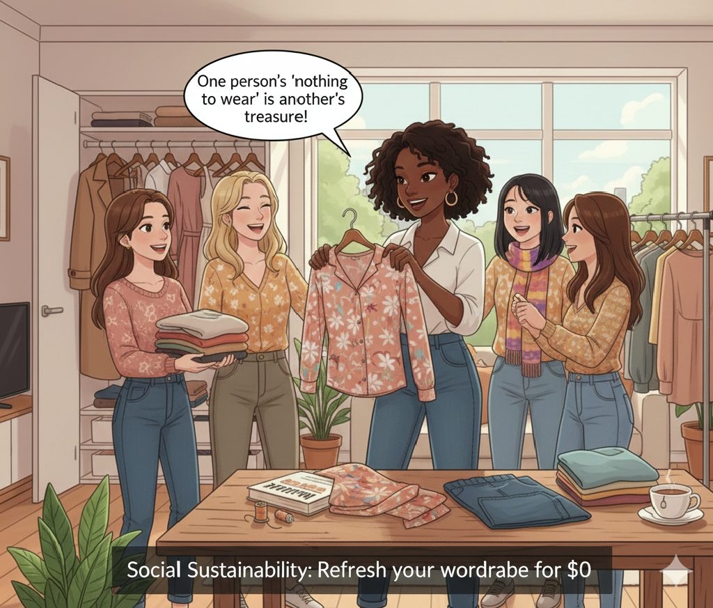 An illustration of a group of friends happily exchanging stylish clothes at a clothing swap event to refresh their wardrobes sustainably.