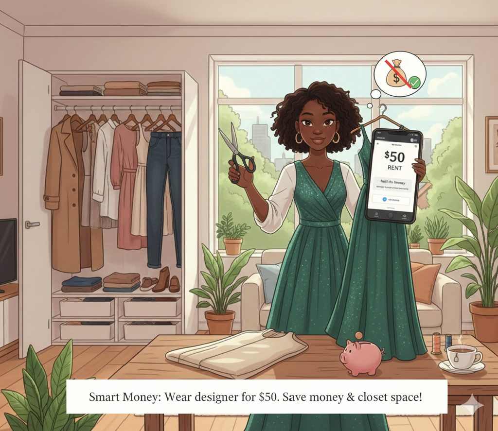 An illustration of a woman wearing a high-end designer gown rented for a special event, showing a "Rent vs Buy" comparison with cost savings.