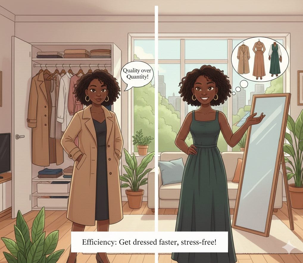 An aesthetic illustration of a minimalist capsule wardrobe with a few high-quality, versatile pieces that can be easily mixed and matched.