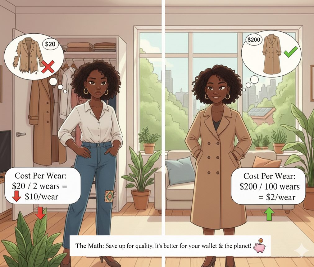 An illustration showing the "Cost Per Wear" math, comparing a cheap jacket that breaks quickly with a high-quality coat that lasts for years.