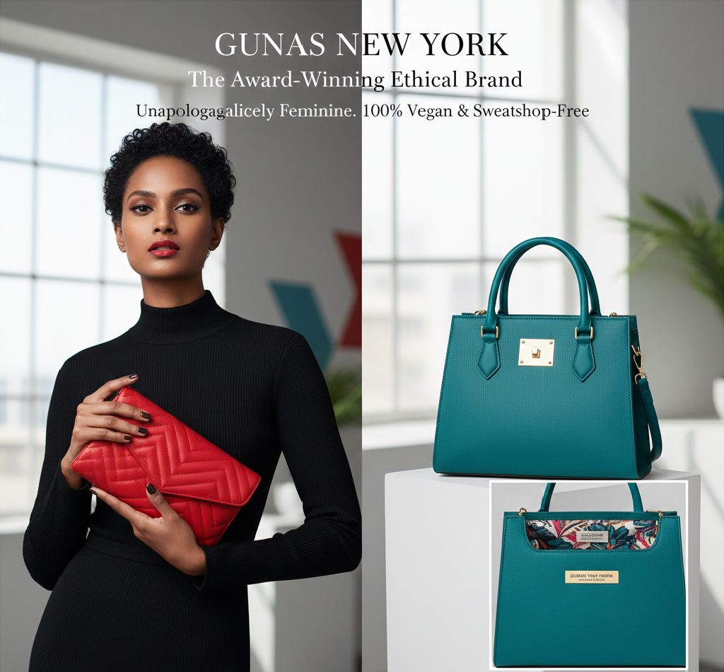An award-winning Gunas New York high-fashion vegan satchel, highlighting an unapologetically feminine and ethical design.