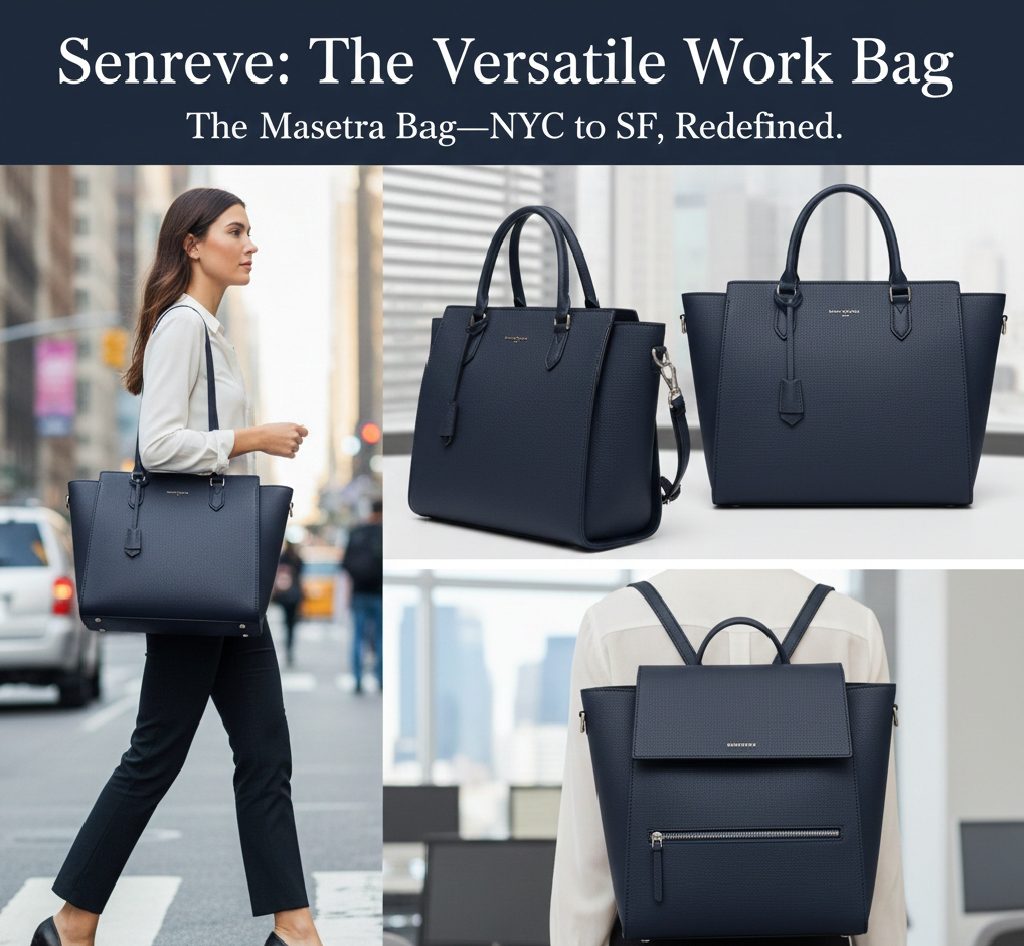A versatile Senreve Maestra bag in scratch-resistant vegan leather, designed to be worn as a tote, satchel, or backpack.