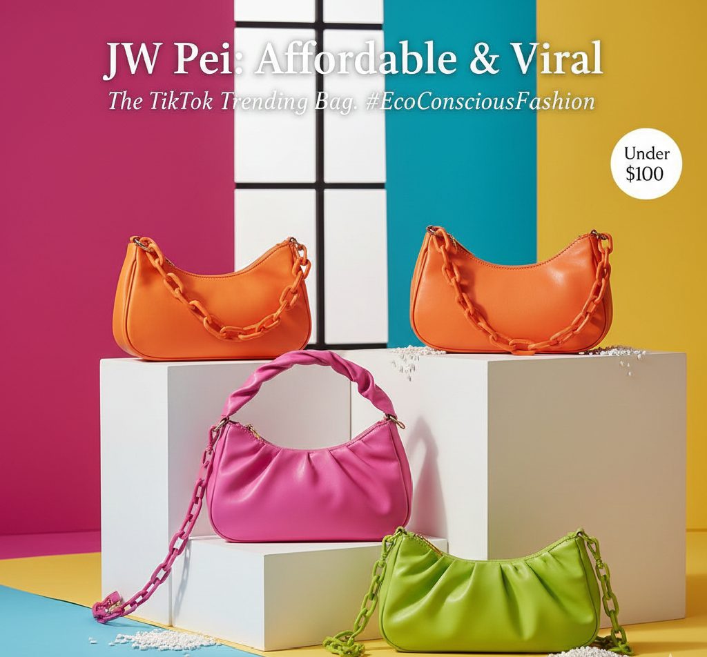 A trendy JW Pei shoulder bag with a unique ruched handle, available in vibrant colors and made from high-grade vegan leather.
