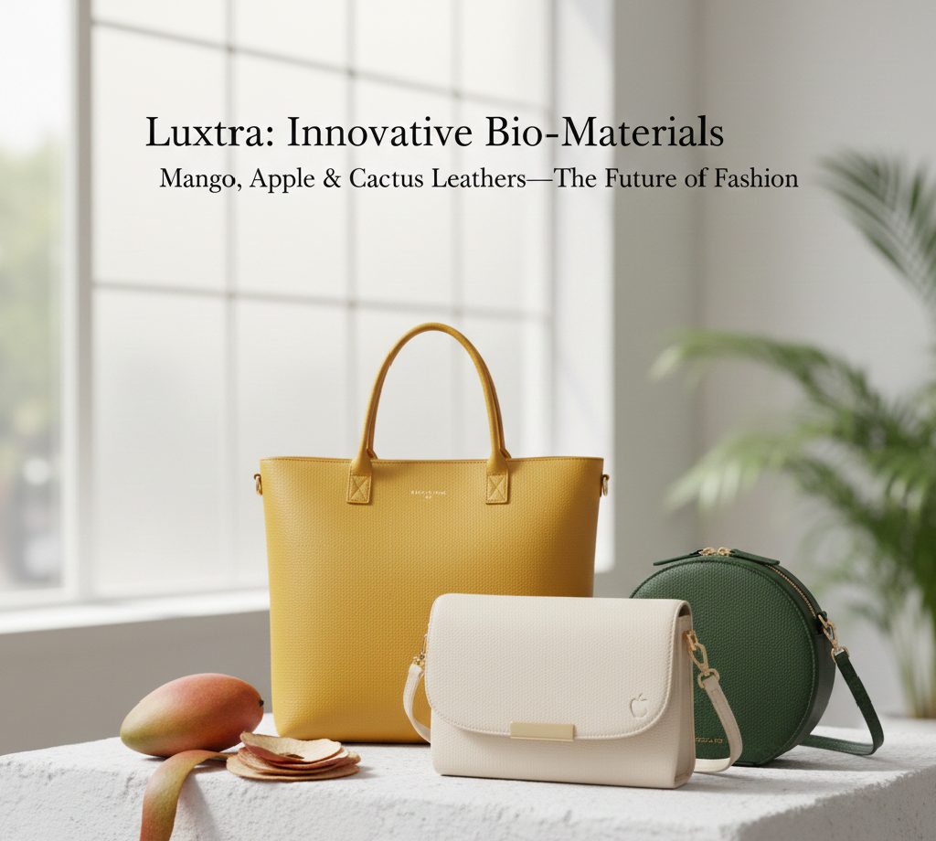 An innovative Luxtra handbag crafted from sustainable bio-materials such as mango, apple, or cactus leather.
