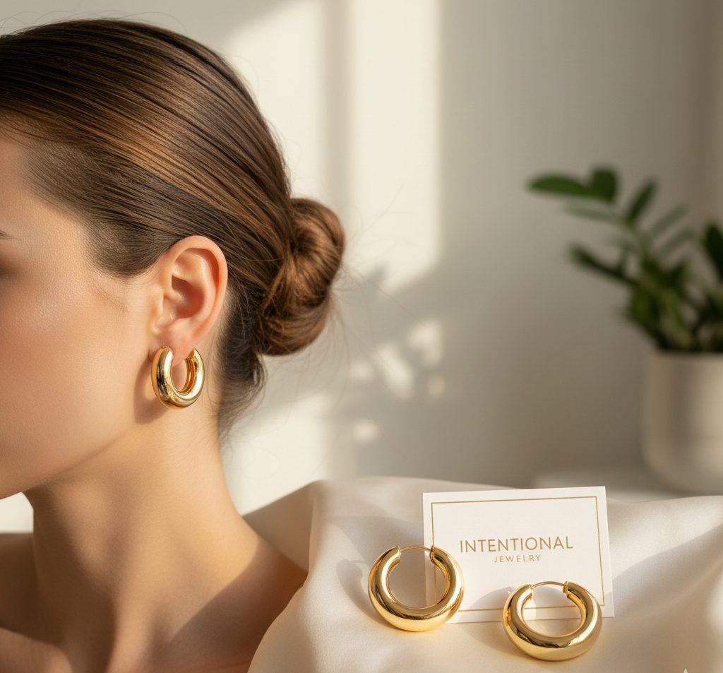 A woman wearing chunky medium-sized gold hoop earrings with an "Intentional Jewelry" card in the background