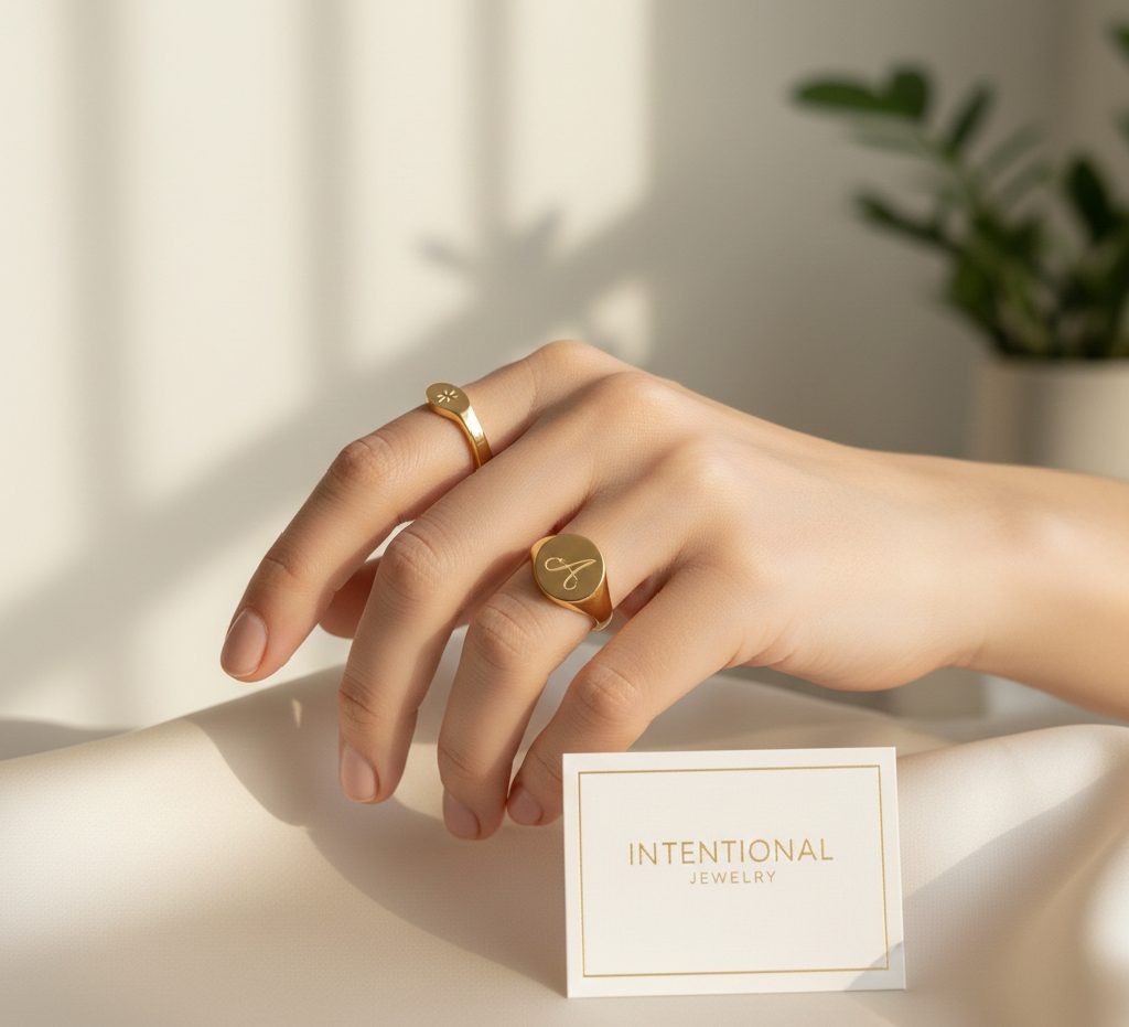 A classic solid gold signet ring on a woman's finger, showcasing a modern and polished fashion staple.