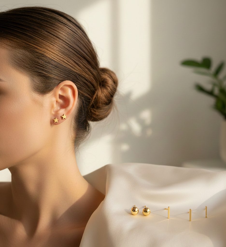 A pair of small, polished gold ball stud earrings, perfect for a professional and subtle corporate look.