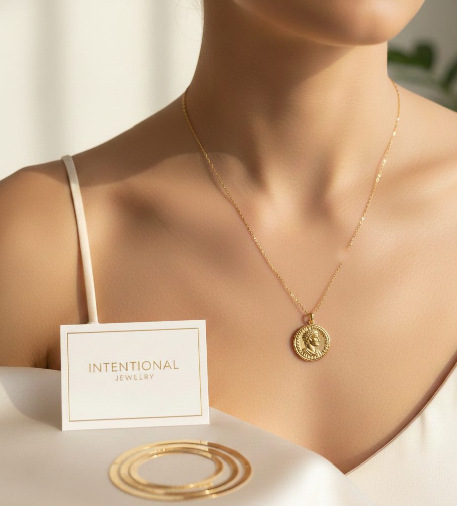 An antique-style gold coin pendant necklace inspired by Roman and Greek currency for a bohemian luxury aesthetic.