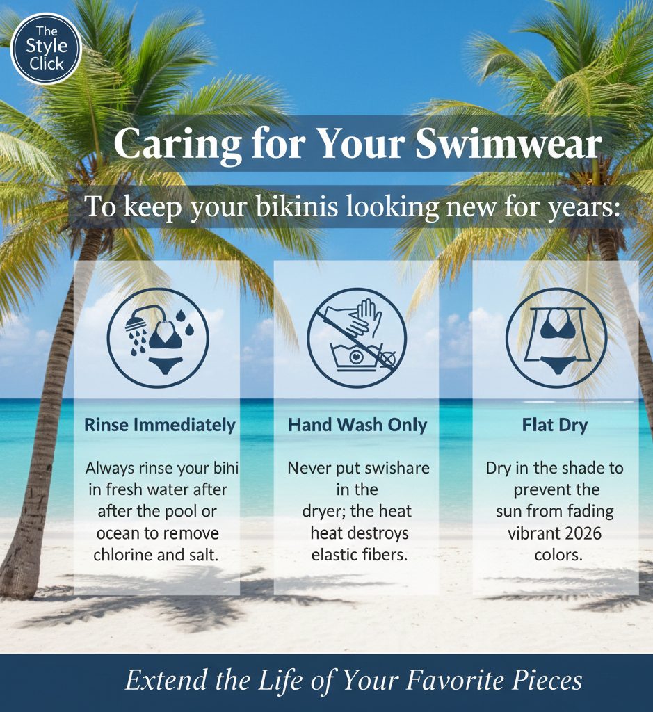 Fresh water rinse and flat drying process for maintaining high-quality bikini elastic and fabric.