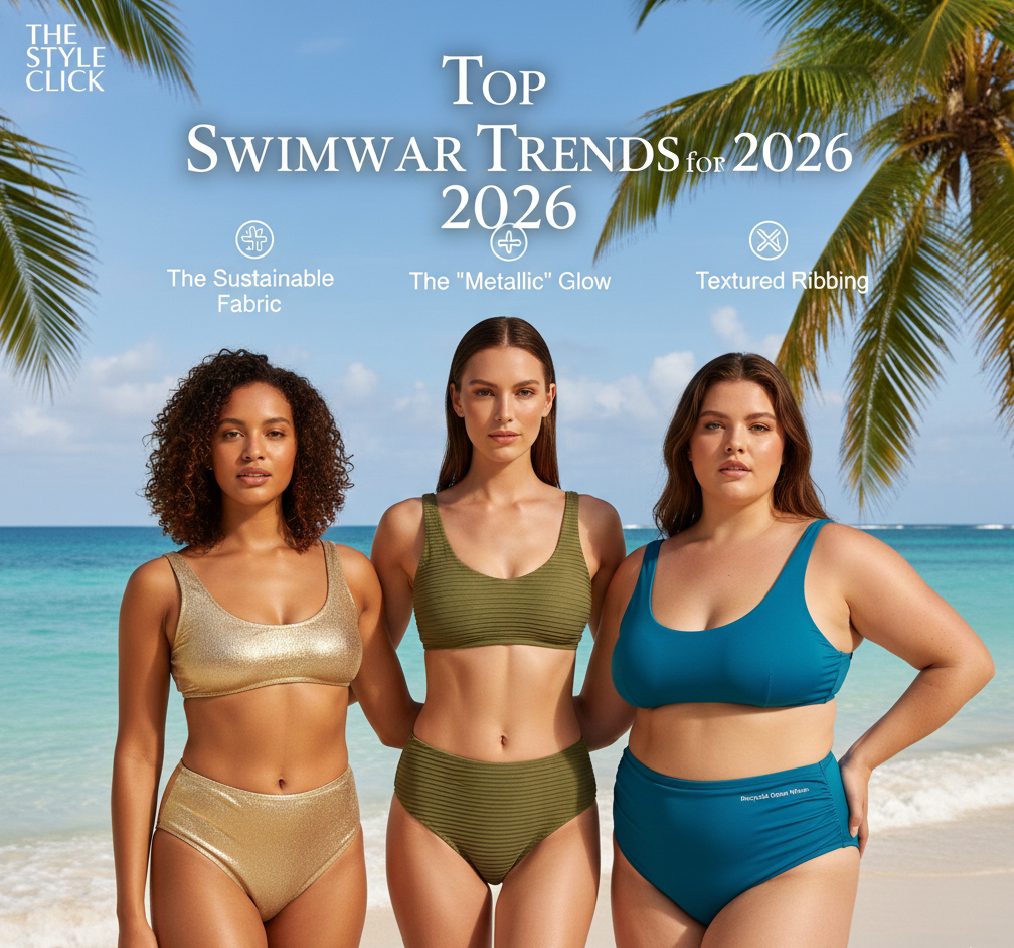 Sustainable swimwear made from recycled ocean plastic and metallic gold high-waisted bikini sets.
