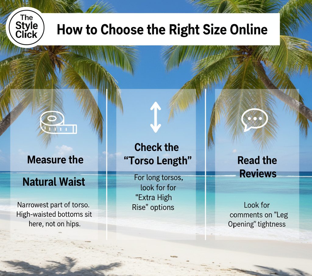 Illustration of measuring natural waist and torso length for the perfect high-waisted bikini fit online.